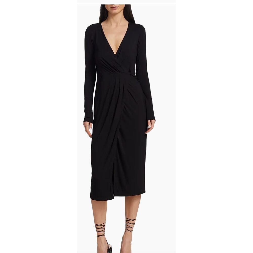Good American Black Long Sleeve Midi Wrap Dress